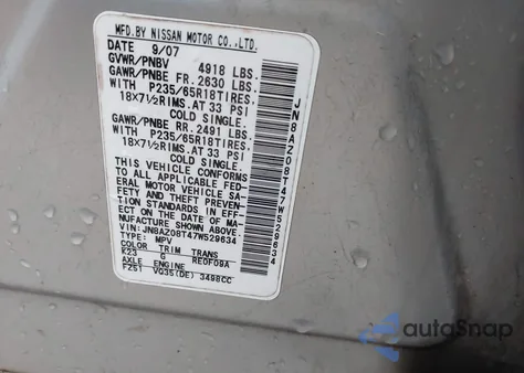 2007 Nissan Murano Sl from USA, damaged, VIN JN8AZ08T47W529634